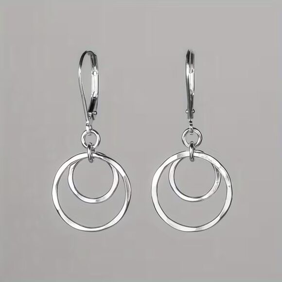 Double Circle Pendant Dangle Silver Earrings Cut Out Ring Drop Textured Jewelry - Picture 3 of 5